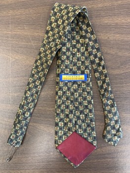 Mens, Tie, COCKTAIL COLLECTIONS, Dk Green, Brown, Multi-color, Silk, Squares, Novelty Pattern, Four In Hand, Light Brown And Dark Brown Tear Drop Shapes, Black Colors