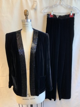 Womens, 1980s Vintage, Piece 1, TADASHI, Black, Silk, Solid, 4, Evening Jacket, Velvet, Open Front, Long Sleeves, Beaded Lapel, 2 Pockets, Matching Pants