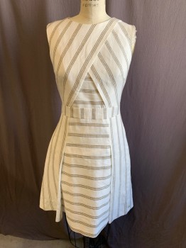 Womens, Dress, Sleeveless, TED BAKER, White, Black, Khaki Brown, Poly/Cotton, Stripes, B32, 4, W27, Round Neck, Criss Cross Panel at Chest, Fit & Flare, Pleated Skirt, Zip Back, Hem at Knee