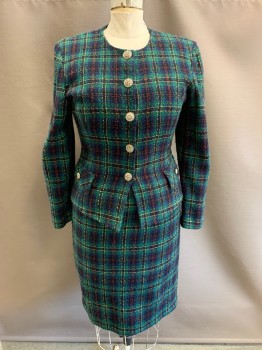 LORI ANN, Dk Green, Black, Red, Navy Blue, Yellow, Acrylic, Plaid, Single Breasted, B.F., Silver Buttons with Woven Design, 2 Faux Pockets, Tartan Plaid