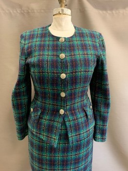 Womens, 1980s Vintage, Suit, Jacket, LORI ANN, Dk Green, Black, Red, Navy Blue, Yellow, Acrylic, Plaid, B:40, Single Breasted, B.F., Silver Buttons with Woven Design, 2 Faux Pockets, Tartan Plaid