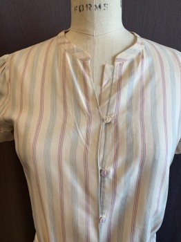 PURE DKNY, Beige, Slate Blue, Pink, Silk, Stripes - Vertical , Collar Band, V-N, Button Front, S/S, Pleated Waist