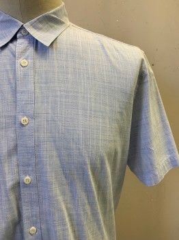 Mens, Casual Shirt, Coastaoro, Lt Blue, White, Cotton, 2 Color Weave, L, S/S, Button Front, Collar Attached