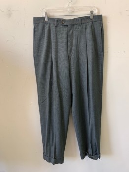ZEGNA, Black, Gray, Wool, 2 Color Weave, Pleated Front, Zip Fly, Bttn. Closure, 5 Pockets, Belt Loops, Cuffed