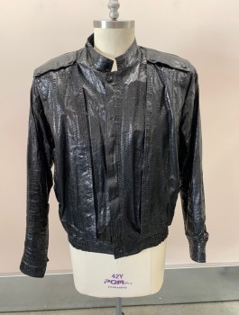 Mens, Leather Jacket, N/L, Black, Leather, Reptile/Snakeskin, 42, Band Collar,  Zipper & Snap Front,