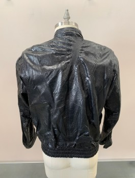 Mens, Leather Jacket, N/L, Black, Leather, Reptile/Snakeskin, 42, Band Collar,  Zipper & Snap Front,