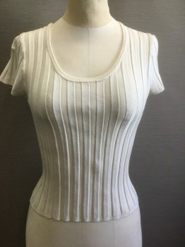Womens, Top, CLASSIQUES ENTIER, Ecru, Silk, Lycra, Solid, S, Ribbed Knit, Cap Sleeve, Plunging Scoop Neck, Pullover, Fitted