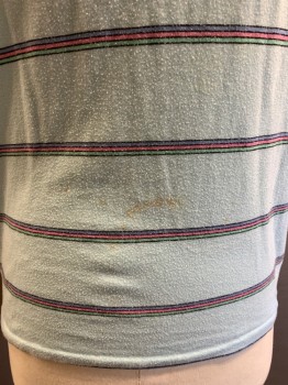 Mens, T-shirt, NL, Lt Blue, Multi-color, Cotton, Stripes, M, CN, S/S, Lilac, Pink, Sea Green, And Black Stripes *Stains On Back Near Hem And Back Left Sleeve*