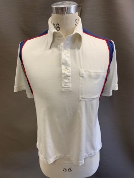 Mens, Polo Shirt, NL, White, Navy Blue, Red, Synthetic, Color Blocking, S, S/S, 3 Bttns, Chest Pocket, Piping Edges **Small Black Stains On Hem