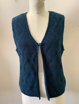 Womens, Vest, LIZ SPORT, Midnight Blue, Cotton, Rayon, Argyle, M, Knit, 1 Covered Button at CF, V-Neck, Fitted