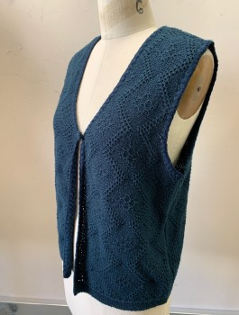 Womens, Vest, LIZ SPORT, Midnight Blue, Cotton, Rayon, Argyle, M, Knit, 1 Covered Button at CF, V-Neck, Fitted