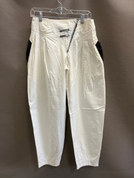 N/L, White Cotton High Waisted Baggies, Inverted Box Pleats, No Waistband, Asymmetrical Diagonal Front Zip, Black Cotton Accents, 2 Pckts, Pegged, Stain at CF Top Edge Of Waistband,