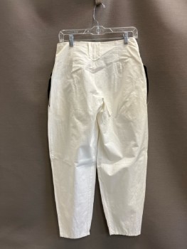 Womens, Pants, N/L, W:29, White Cotton High Waisted Baggies, Inverted Box Pleats, No Waistband, Asymmetrical Diagonal Front Zip, Black Cotton Accents, 2 Pckts, Pegged, Stain at CF Top Edge Of Waistband,