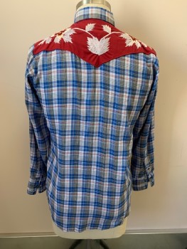 Mens, Western Shirt, KARMAN, Blue, Dk Red, Multi-color, Polyester, Plaid, Floral, 33, 16, C.A., Snap Front, L/S, 2 Pckts, Floral Embroidery At Chest And Back Yoke, "Kenny Rogers Western Costume Collection"