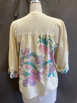 Womens, Top, APPLE CORPS, B:42, Butter Yellow with Lav/pink/green Large Faded Floral, Pull On, Key Hole Front with Tie At Neck, L/S with Turned Up Floral Cuffs, Front And Back Yoke