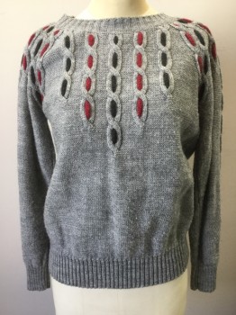 JC PENNEY, Gray, Red, Charcoal Gray, Acrylic, Cable Knit, Pullover, Knit Red/Charcoal Accents In Cables, Scratchy, L/S, Purl Side Right Side, Rib Knit Cuffs and Waist
