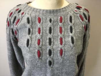 Womens, Sweater, JC PENNEY, Gray, Red, Charcoal Gray, Acrylic, Cable Knit, B:34, Pullover, Knit Red/Charcoal Accents In Cables, Scratchy, L/S, Purl Side Right Side, Rib Knit Cuffs and Waist