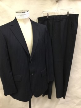 Mens, Suit, Jacket, NAUTICA, Midnight Blue, Gray, Wool, Stripes - Pin, 42R, Single Breasted, 2 Buttons,  Notched Lapel, 3 Pockets,
