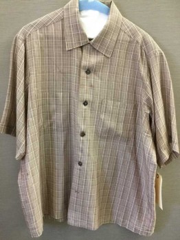 Mens, Casual Shirt, SEARS, Brown, White, Polyester, Cotton, Plaid, L, Button Front, Collar Attached,  Short Sleeve,  2 Pockets, 1950's
