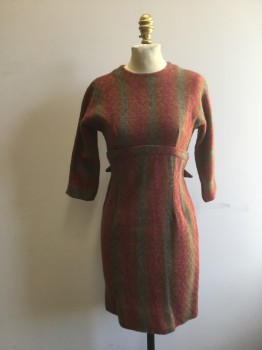 ARIR JR, Red, Orange, Olive Green, Sage Green, Gray, Wool, Check , Heathered, Winter Weight Wool Tweed with Heathered Check Pattern. Crew Neck, 3/4 Sleeves,. Zipper Center Back, Self Band at Waist with Self Bow at Center Back,