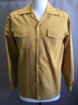 Mens, Casual Shirt, N/L, Mustard Yellow, Wool, Solid, XL, Long Sleeve Button Front, Collar Attached, 2 Flap Pockets with Pleated Detail, Topstitched Detail at Collar and Pockets, Made To Order 1950's