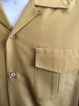 Mens, Casual Shirt, N/L, Mustard Yellow, Wool, Solid, XL, Long Sleeve Button Front, Collar Attached, 2 Flap Pockets with Pleated Detail, Topstitched Detail at Collar and Pockets, Made To Order 1950's