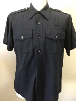FLYING CROSS, Navy Blue, Wool, Polyester, Solid, Epaulets, Short Sleeves, Button Front, 2 Pockets W/bat Wing Flap, Badge Holder