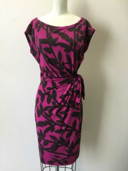 Womens, Dress, Short Sleeve, DVF, Magenta Purple, Black, Silk, Floral, 4, Boat Neck, Cap Sleeve, Horizontal Pleats at Waist Off Center Front, Self Attached Belt (one Side Longer Than the Other, Hem at Knee