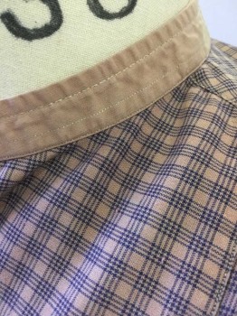 N/L, Blush Pink, Navy Blue, Cotton, Plaid - Tattersall, Grid , Blush with Navy Grid/Tattersall, Long Sleeve Button Front, Solid Blush Band Collar and French Cuffs,  Bib Panel at Center Front, Made To Order **Faded at Shoulders