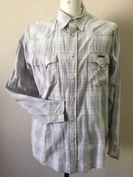 LUCKY BRAND, Lt Blue, Lt Gray, White, Cotton, Plaid, Snap Front, 2 Flap Pocket, Some Embroidery