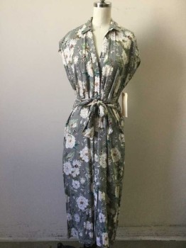 Womens, Dress, Short Sleeve, ZARA, Gray, White, Beige, Green, Plum Purple, Viscose, Floral, S, Gray with White/beige/green/plum/teal Blue Floral Print, Button Front, V-neck, Collar Attached, Cap Sleeve, Self Belt