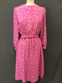 LADY CAROL PETITES, Pink, White, Violet Purple, Polyester, Floral, Long Sleeves, Shoulder Pads, Vertical Pleats At Center Front, Elastic Waist, Button Cuffs, Hem At Knee, **W/Matching Self Fabric Belt W/Self Fabric Buckle