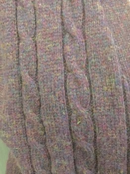 NEWIL MARTIN, Aubergine Purple, Wool, Heathered, Cable Knit, Button Front, V-neck, Rib Knit Trims