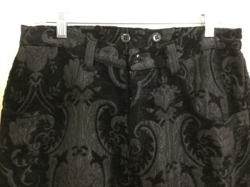 SHRINE, Black, Polyester, Cotton, Paisley/Swirls, Black with Black Paisley Brocade, Jean-cut, Zip Front, 4 Pockets