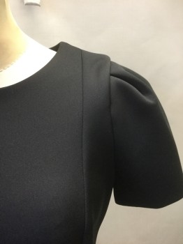 Womens, Dress, Short Sleeve, CALVIN KLEIN, Black, Polyester, Spandex, Solid, 6, Thick Poly/Spandex (Feels Like Neoprene/Scuba Material), Wide Scoop Neck, Puffy Short Sleeves, Princess Seams, Gold Zipper at Center Back, Hem Above Knee