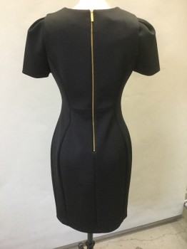 Womens, Dress, Short Sleeve, CALVIN KLEIN, Black, Polyester, Spandex, Solid, 6, Thick Poly/Spandex (Feels Like Neoprene/Scuba Material), Wide Scoop Neck, Puffy Short Sleeves, Princess Seams, Gold Zipper at Center Back, Hem Above Knee