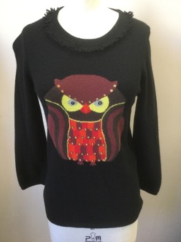 Womens, Pullover, KATE SPADE, Black, Multi-color, Cashmere, Sequins, Novelty Pattern, XS, Knit, Black with Multicolor Owl at Center Front, Small Sequin Accents, 3/4 Sleeve, Round Neck with Self Ruffle Trim