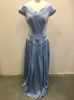 Womens, Evening Gown, N/L, Lt Blue, Silk, Solid, W:27, B:36, Silk Taffeta, Cap Sleeve, V-neck, 1" Wide Finely Gathered Panels at V-neck, Arm Holes, and 2 Chevron Stripes at Waist, Pleated Skirt, Floor Length,