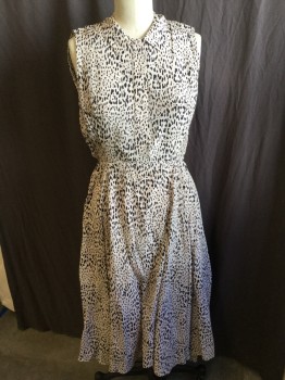 REBECCA TAYLOR, Blush Pink, Black, Charcoal Gray, Silk, Animal Print, Sheer Light Grayish-pink with Black/charcoal Leopard Print, Solid Light Grayish-pink Lining, 3/4 Length, Collar Attached, Hidden Zip Front, & Snap Front, Sleeveless with Smocking Under Arm Front & Back, Bias Cut Full Skirt