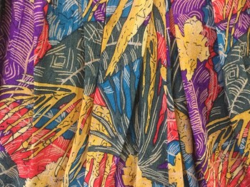 Womens, Shorts, N/L, Mustard Yellow, Red, Purple, Teal Blue, Olive Green, Rayon, Floral, W25, Tropical Leaf Print. Wide Leg Shorts. Zipper at Left Side, Elasticated Back Waist