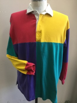 Mens, Polo Shirt, RUGBY SPORTSMAN, Red, Yellow, Purple, Green, White, Cotton, Color Blocking, Large, Pullover, 3 Buttons,  Knit, Long Sleeves, White Collar