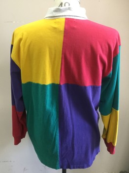Mens, Polo Shirt, RUGBY SPORTSMAN, Red, Yellow, Purple, Green, White, Cotton, Color Blocking, Large, Pullover, 3 Buttons,  Knit, Long Sleeves, White Collar