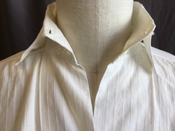 FOX 68, Off White, Cotton, Stripes - Vertical , Off White with Self Vertical Stripes, Collar Attached, Button Front, Long Sleeves, with Attached Thin Waist Tie (2 Faint Light Brown Spots on Left Arm & 1 Small Worn Out Spot),