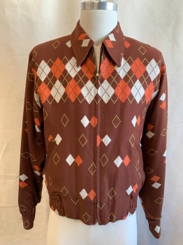 Mens, Jacket, N/L, Brown, Burnt Orange, White, Yellow, Rayon, Argyle, 38, 1950's, Eisenhower Jacket, Zip Front, 2 Pockets, Pointy Collar Attached, Smocked Elastic Waistband, Button Cuff, Pleated at Cuff