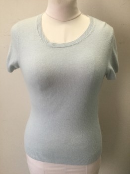 Womens, Pullover, BLOOMINGDALE'S, Ice Blue, Cashmere, Solid, M, Knit, Short Sleeves, Scoop Neck