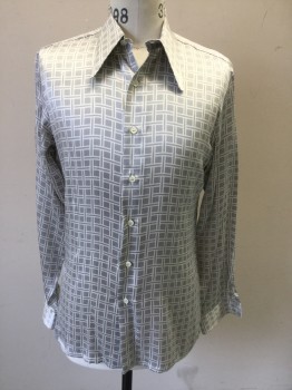 ANTO, Silver, White, Silk, Grid , M.T.O. Woven Grid Print, Button Front, Pointy Collar Attached, Long Sleeves