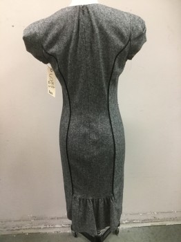 BEBE, Black, White, Wool, Tweed, Low Square Neck, Back Zipper, Draped Puffed Cap Sleeves, Back Zipper, 2 Rows of Piping Down Front and Back, Kick Ruffle, Pencil