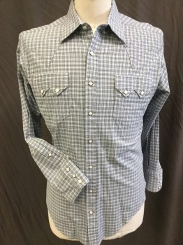 ROCK MOUNTAN RANCHWR, White, Baby Blue, Black, Gray, Cotton, Plaid, Plaid-  Windowpane, White with Baby Blue & Black Window Pane/plaid, Collar Attached, Yoke, White with Silver Trim Diamond Shape Snap Front, 2 Pockets with Flap, Long Sleeves,