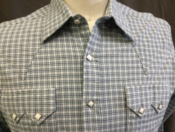 Mens, Western, ROCK MOUNTAN RANCHWR, White, Baby Blue, Black, Gray, Cotton, Plaid, Plaid-  Windowpane, M, White with Baby Blue & Black Window Pane/plaid, Collar Attached, Yoke, White with Silver Trim Diamond Shape Snap Front, 2 Pockets with Flap, Long Sleeves,
