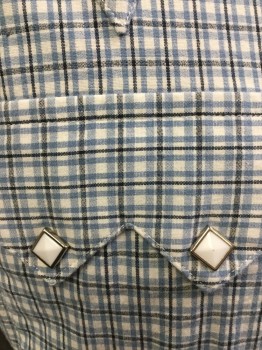 ROCK MOUNTAN RANCHWR, White, Baby Blue, Black, Gray, Cotton, Plaid, Plaid-  Windowpane, White with Baby Blue & Black Window Pane/plaid, Collar Attached, Yoke, White with Silver Trim Diamond Shape Snap Front, 2 Pockets with Flap, Long Sleeves,